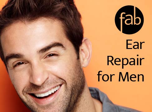 Photo of male with earlobe repair treatment benefits depicted.