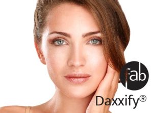 Woman depicted who had Daxxify injection to treat wrinkles on forehead.